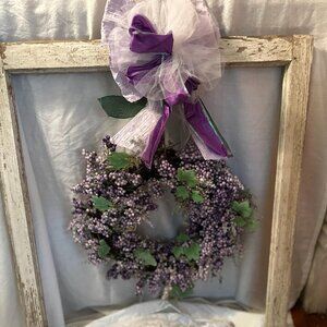 Vintage Window Frame With Beautiful Purple Wreath